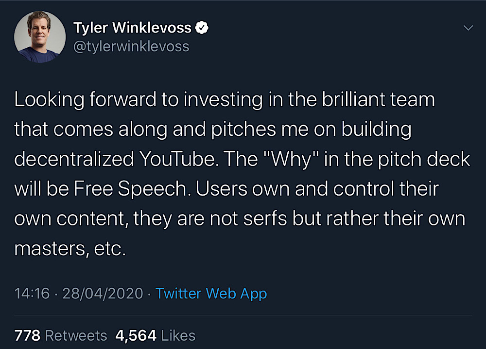 Tyler Winklevoss tweeted out his plans to invest in a free speech focused, decentralized YouTube alternative (Twitter - @tylerwinklevoss)