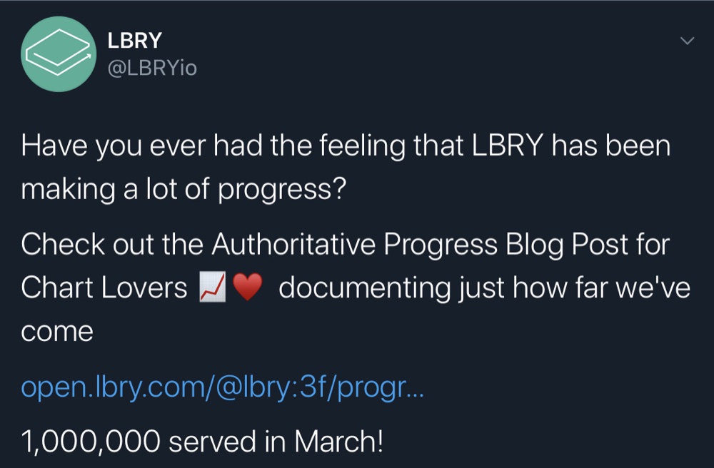 LBRYtweeted that it reached 1,000,000 monthly users in March 2020 (Twitter - @LBRYio)