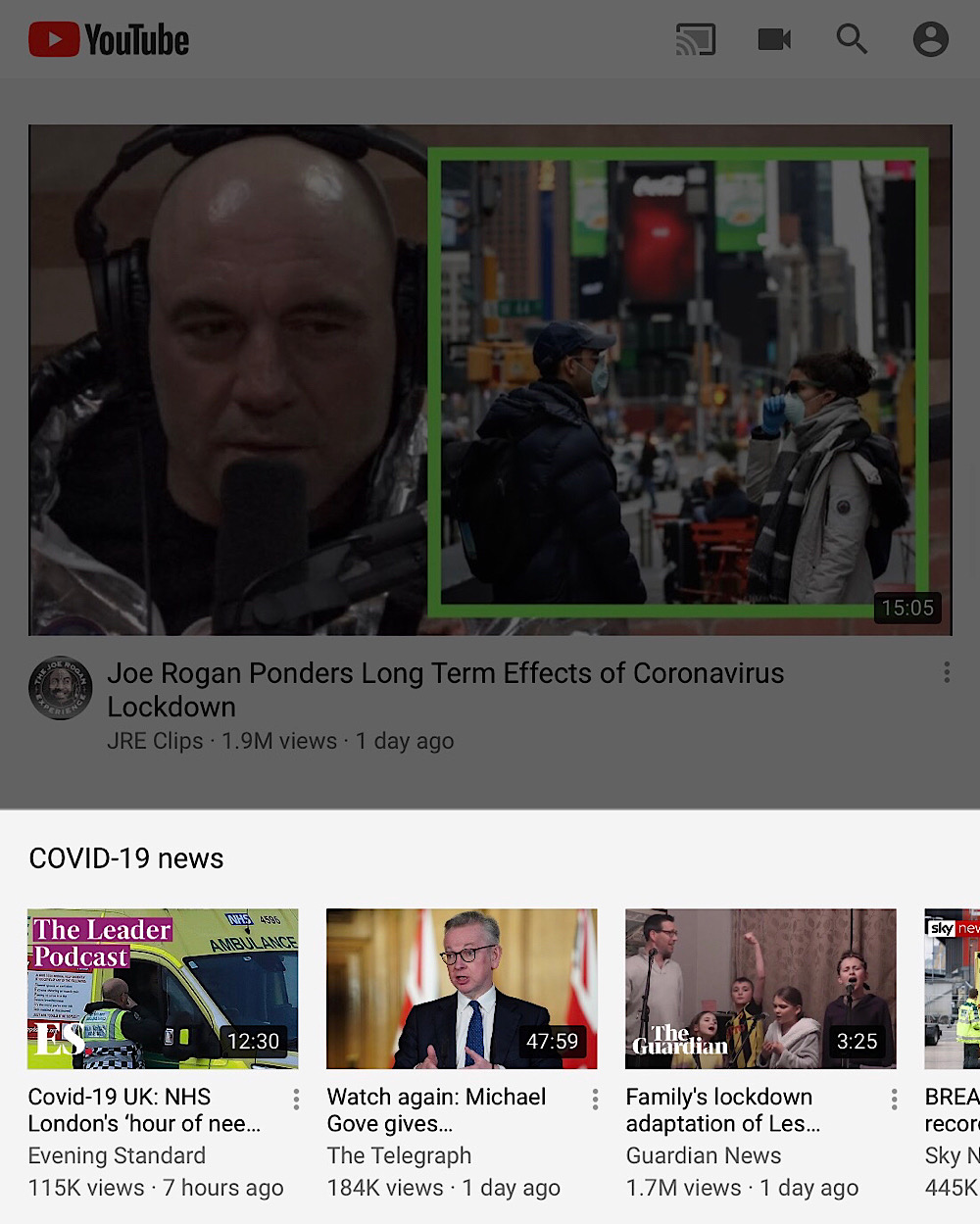 YouTube promotes videos from many UK newspapers on its homepage via its coronavirus news shelf