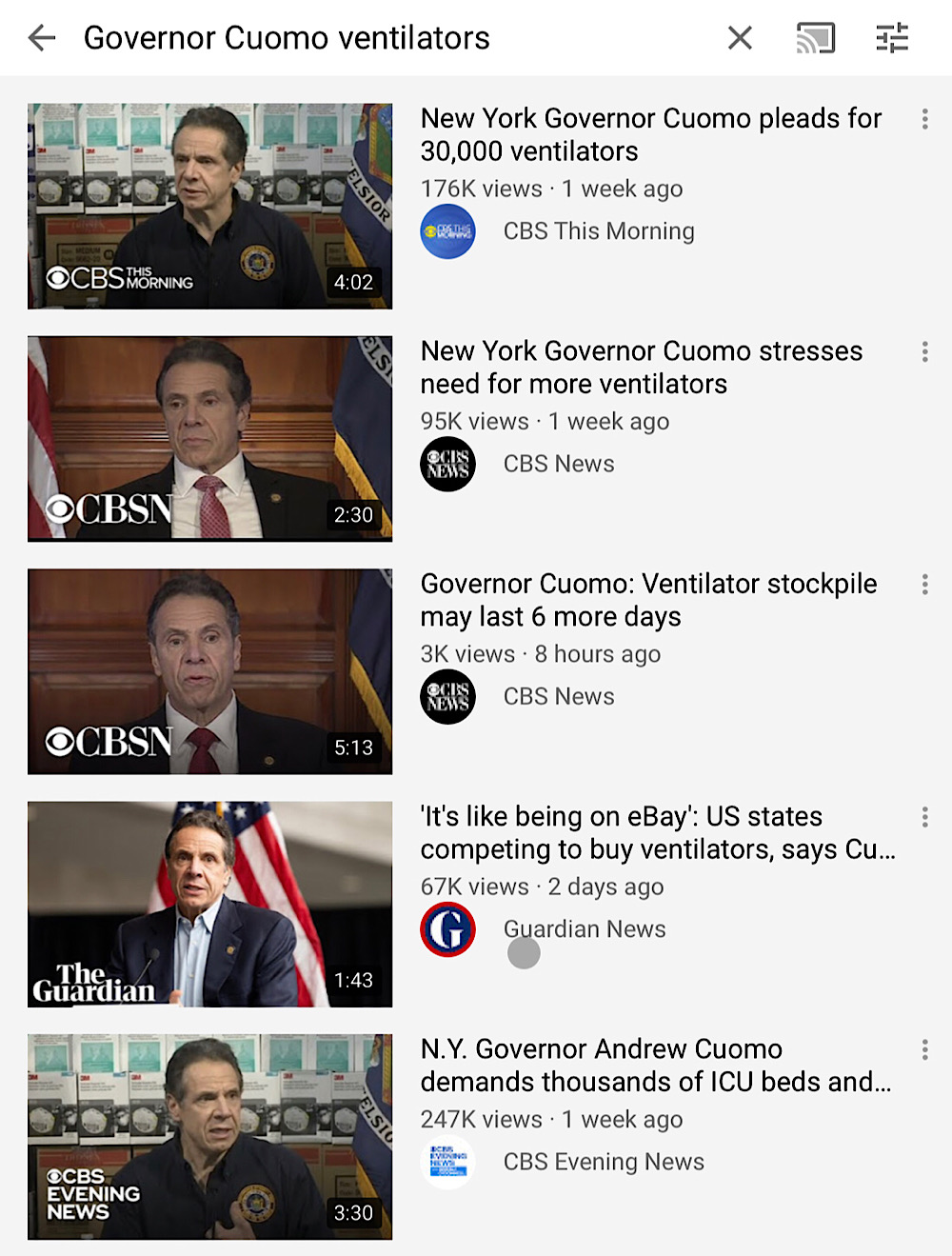 The top search result for “Governor Cuomo ventilators” on YouTube features what would seemingly be an example of misinforming users about health matters related to the coronavirus