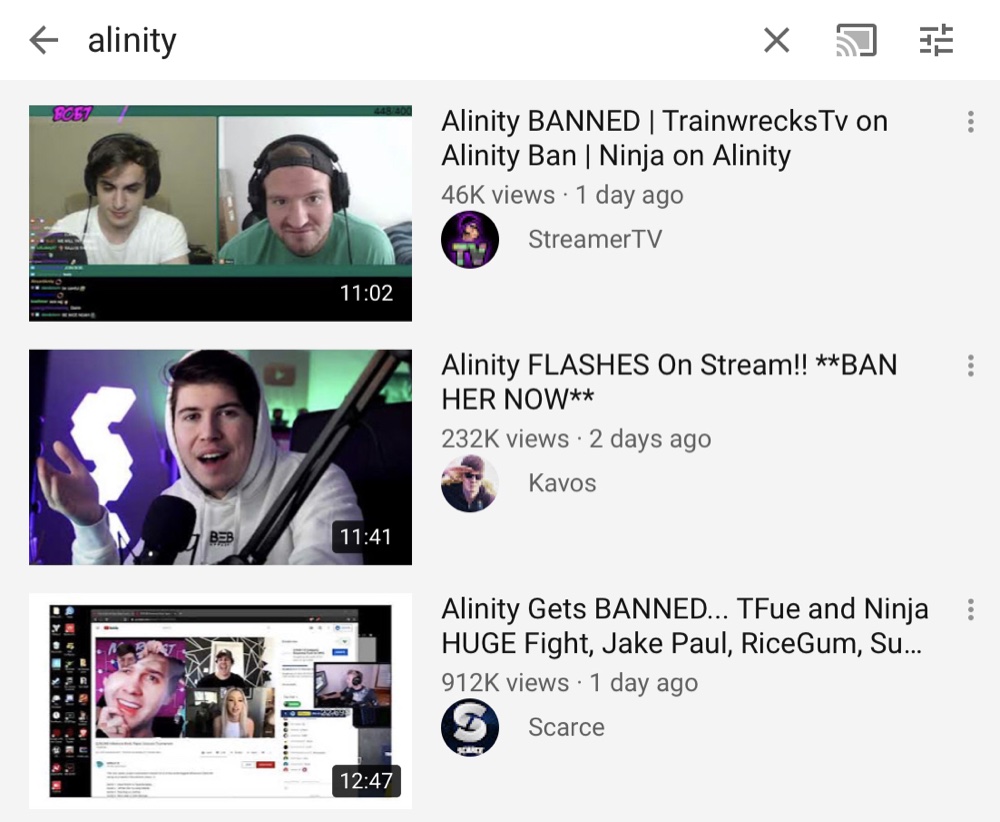 YouTube is hiding custom thumbnails on most of the videos when users search for “alinity”