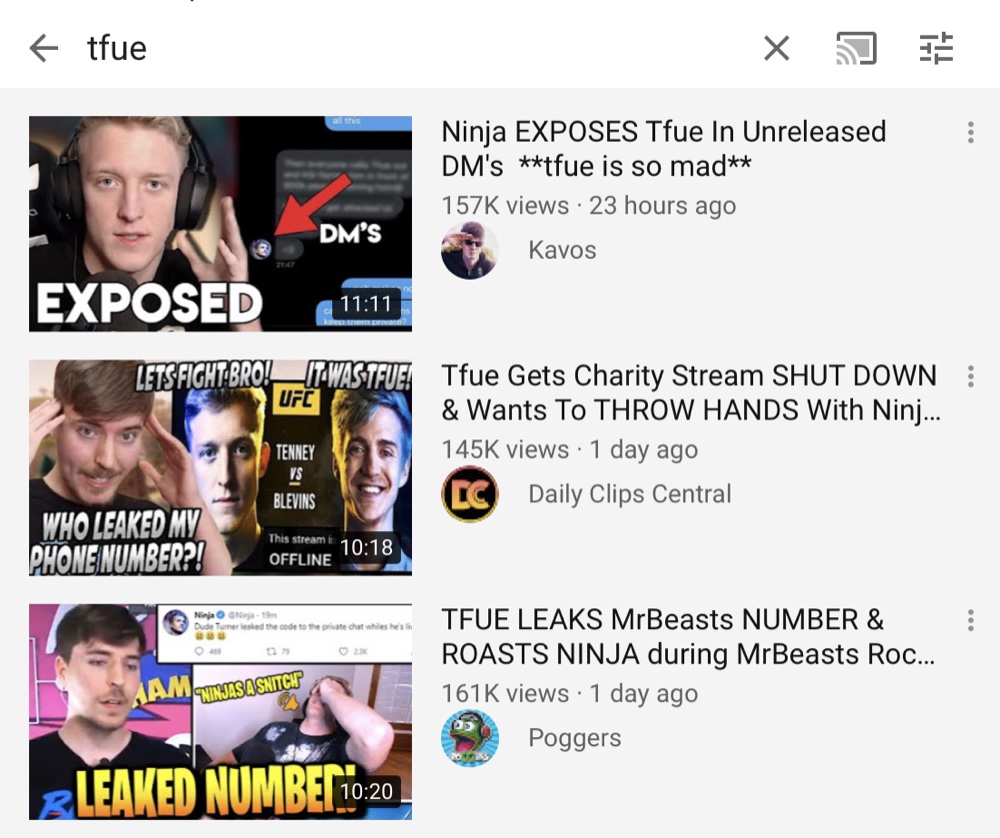 The YouTube search results for “tfue” all have custom thumbnails