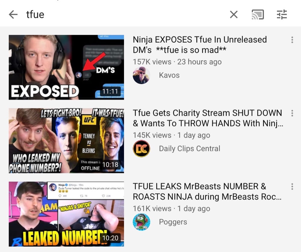 The YouTube search results for “tfue” all have custom thumbnails