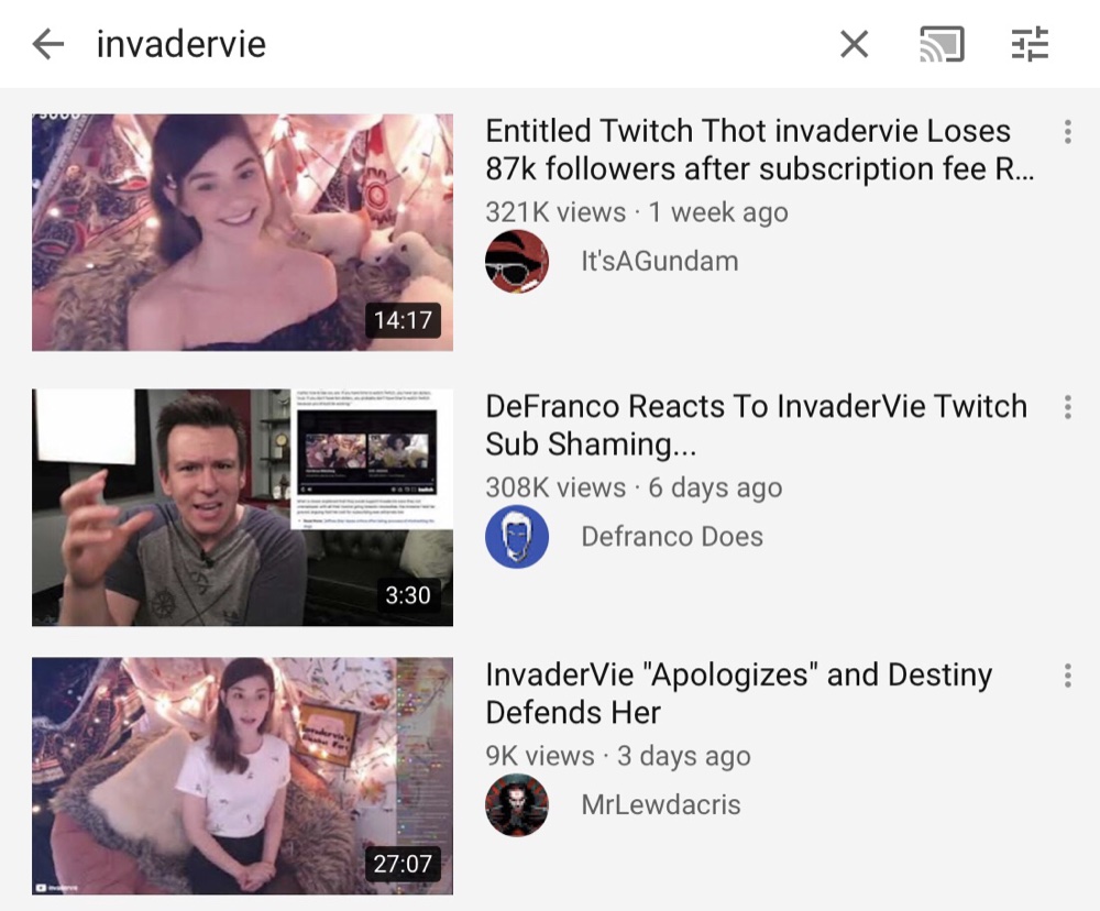 YouTube is hiding custom thumbnails on most of the videos when users search for “invadervie”