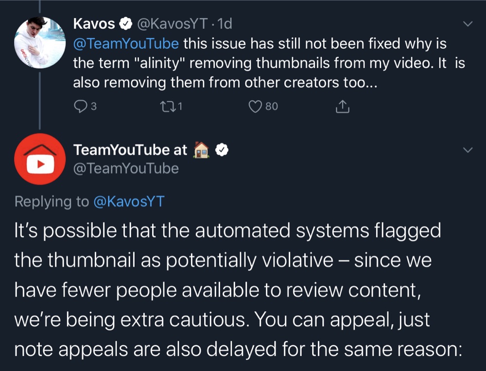 YouTube told Kavos that the thumbnails may have been automatically flagged as “potentially violative” (Twitter - TeamYouTube, Kavos)