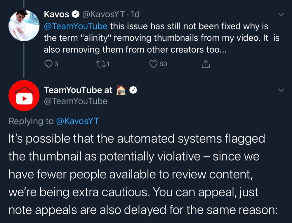 YouTube told Kavos that the thumbnails may have been automatically flagged as “potentially violative” (Twitter - TeamYouTube, Kavos)