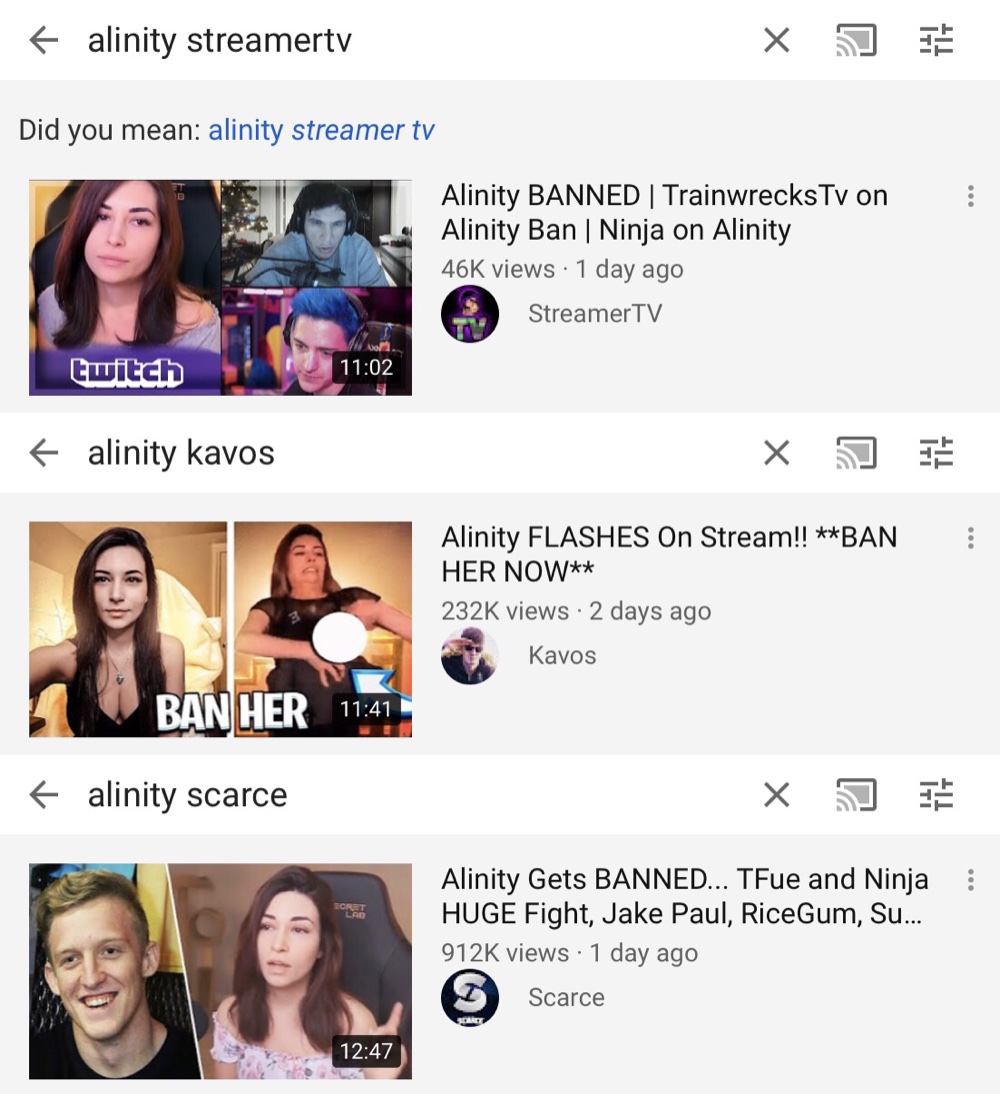Custom thumbnails are visible in the YouTube search results for “alinity streamertv”, “alinity kavos”, and “alinity scarce”