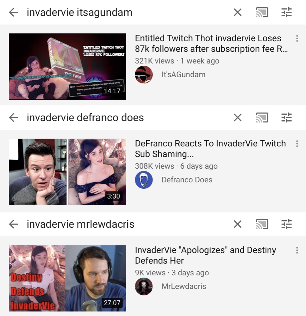 Custom thumbnails are visible in the YouTube search results for “invadervie itsagundam”, “invadervie defranco does”, and “invadervie mrlewdacris”