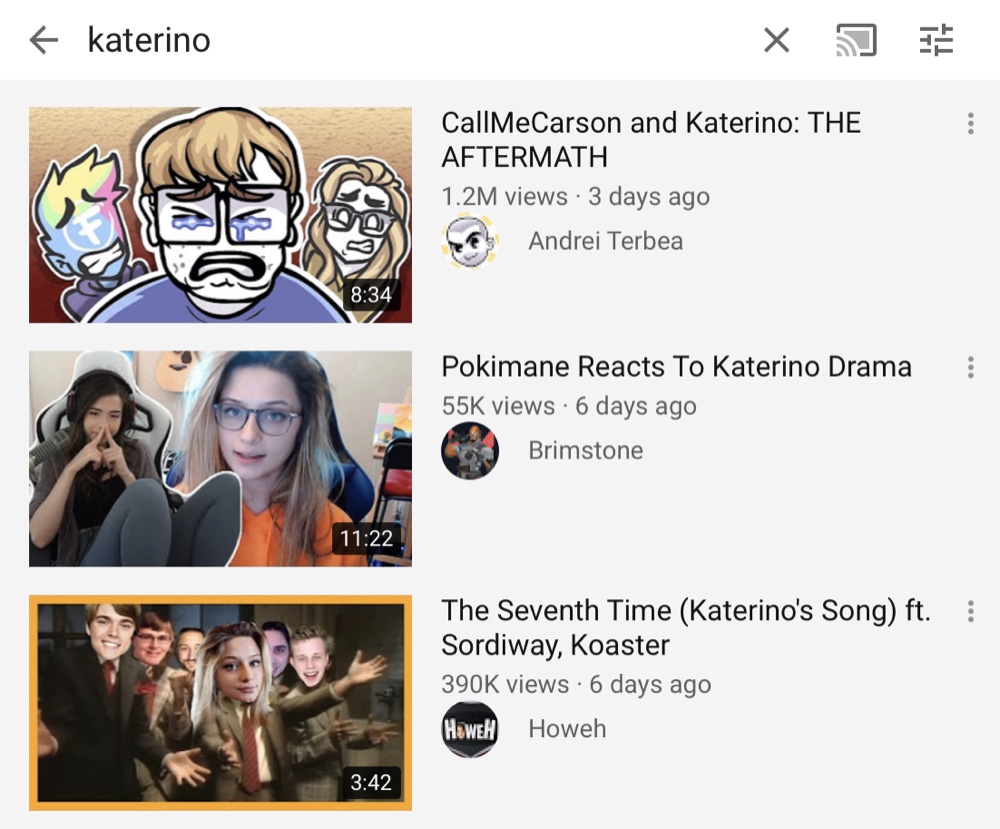 The YouTube search results for “katerino” all have custom thumbnails The YouTube search results for “katerino” all have custom thumbnails