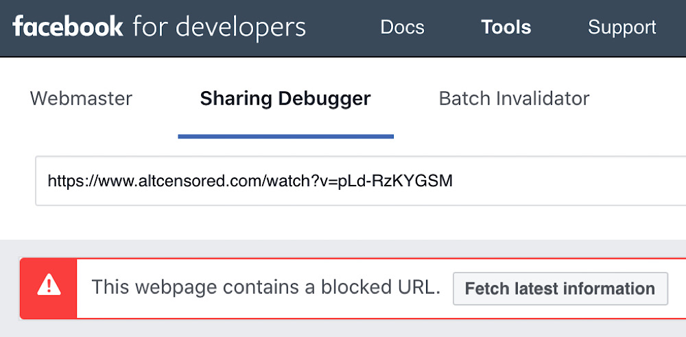 Facebook’s sharing debugger tool shows that it’s blocking image previews on altCensored links that were posted to the site after May 28