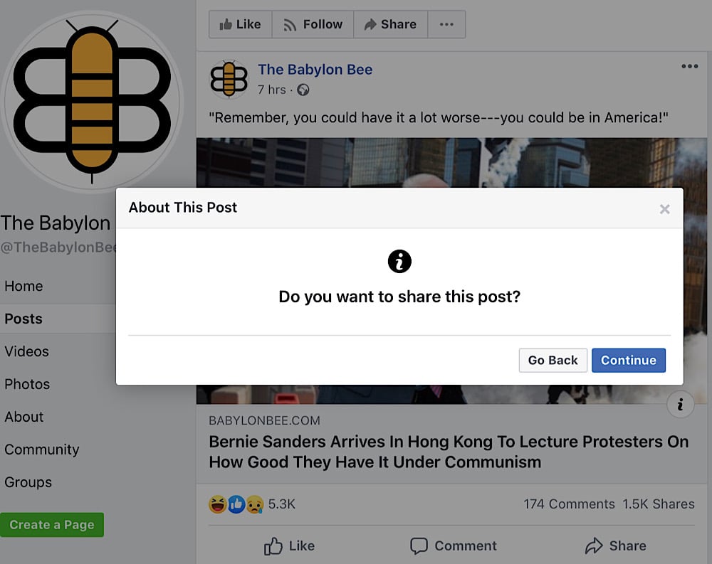 Facebook is asking users “Do you want to share?” when they try to share links to The Babylon Bee website (Facebook - The Babylon Bee)