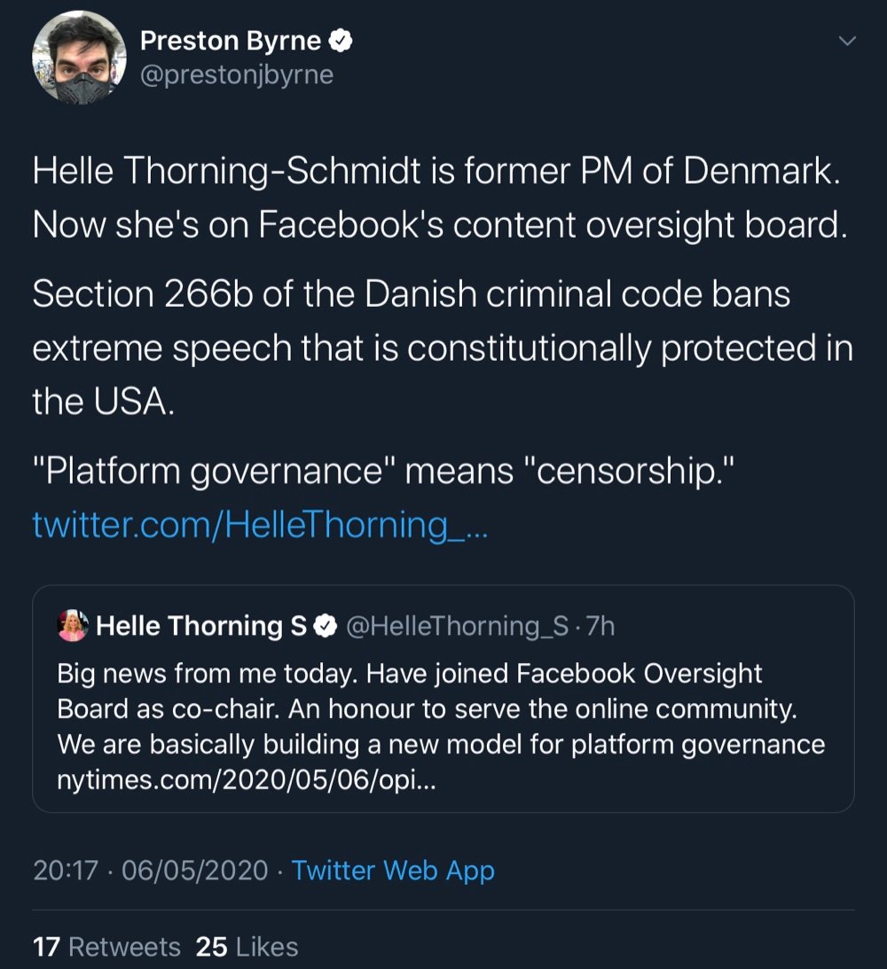 Preston Byrne raised concerns over Helle Throning-Schmidt being a former Prime Minister of Denmark - a country with strong hate speech laws (Twitter - @prestonjbyrne, @HelleThorning_S)