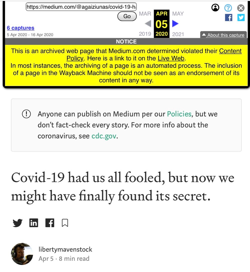 This warning label tells users that the archived article violated Medium’s Content Policy and that the archive “should not be seen as an endorsement of its content in any way” (Wayback Machine)