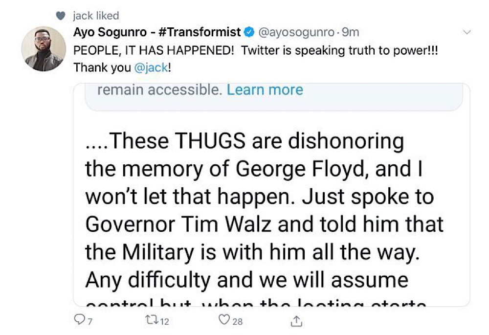 Twitter CEO Jack Dorsey liked a tweet that praised Twitter’s censorship of President Trump (Twitter - @ayosogunro)