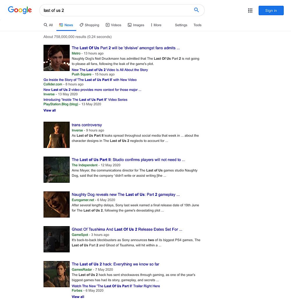 The Google Search news results for “last of us 2” are filled with stories from mainstream video game news outlets