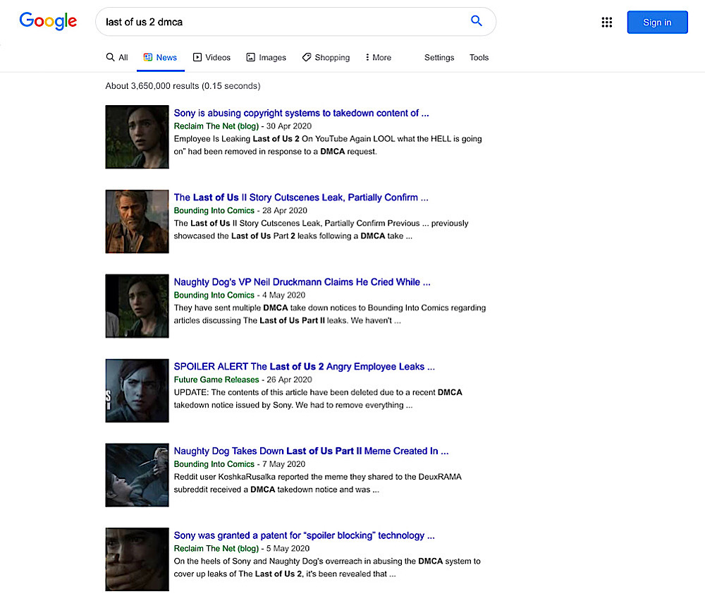 The Google Search news results for “last of us 2 dmca” are filled with alternative and independent media outlets