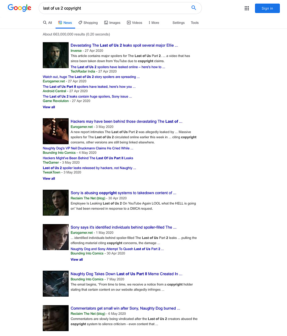 The Google Search news results for “last of us 2 copyright” contain results from mainstream video game news outlets but most aren’t covering Sony and MUSO’s abuse copyright systems