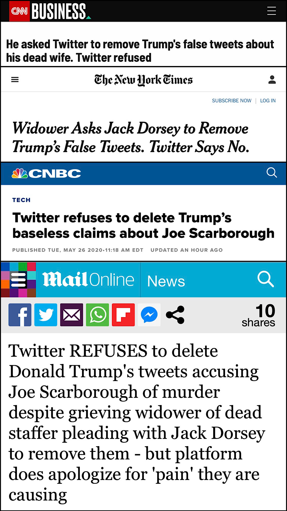 The mainstream media complained that Twitter didn’t remove President Trump’s tweets immediately (CNN, The New York Times, CNBC, Daily Mail)