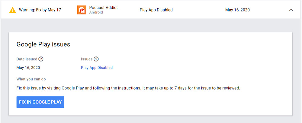 Google AdMob stopped sending ads in Podcast Addict because of the suspension (Twitter @PodcastAddict)