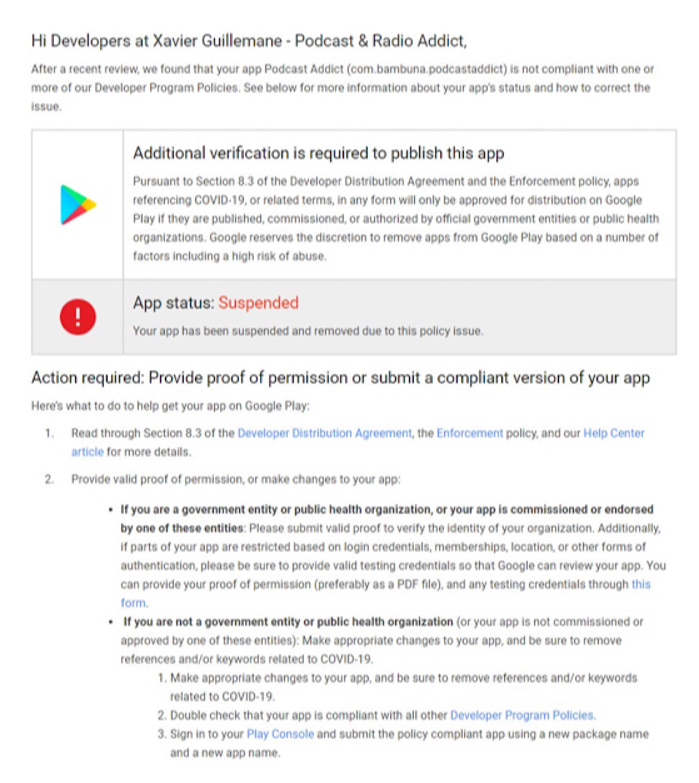 Google told Podcast Addict the app was removed for referencing the coronavirus without authorization from official government entities or public health organizations (Twitter @PodcastAddict)