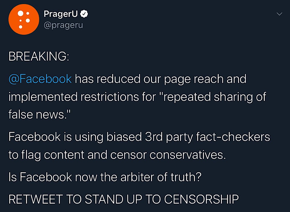 Facebook has restricted PragerU’s page and reduced the distribution of its posts (Twitter - @PragerU)