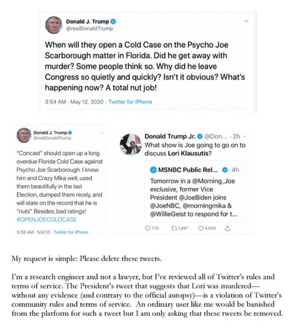 Lori Klausutis’ widower, Timothy Klausutis, asked Twitter CEO Jack Dorsey to delete three tweets from President Trump and his son Donald Trump Jr. last week