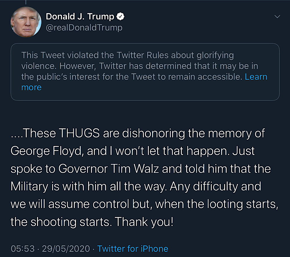 When Twitter users view the censored tweet, Twitter places a warning notice above the tweet (Twitter - @realDonaldTrump)