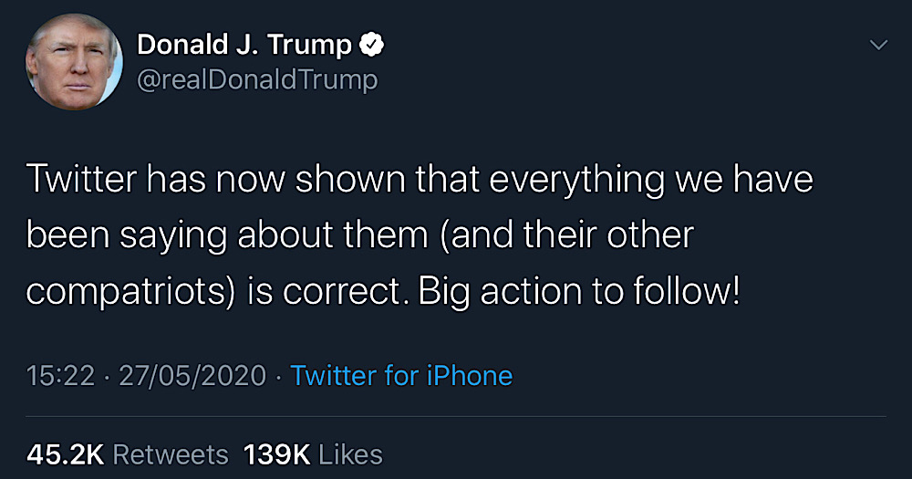 President Trump tweeted that “big action” is coming for Twitter and “their other compatriots” (Twitter - @realDonaldTrump)