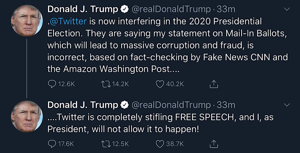 President Trump blasted Twitter for fact-checking his tweets and accused it of “interfering in the 2020 Presidential Election” (Twitter - @realDonaldTrump)