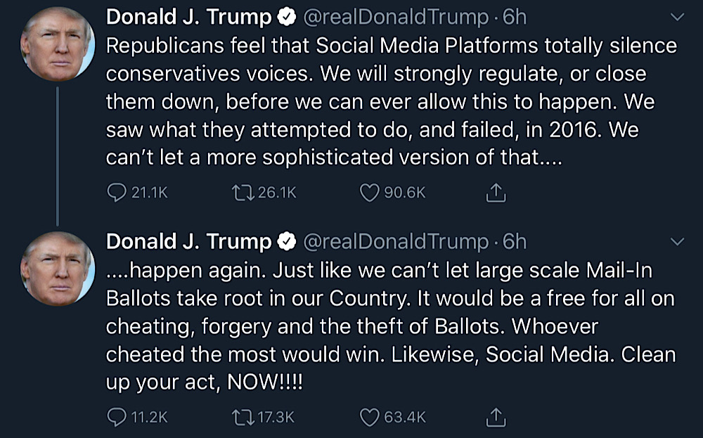 President Trump proposed regulating or shutting down social media platforms that silence conservative voices (Twitter - @realDonaldTrump)