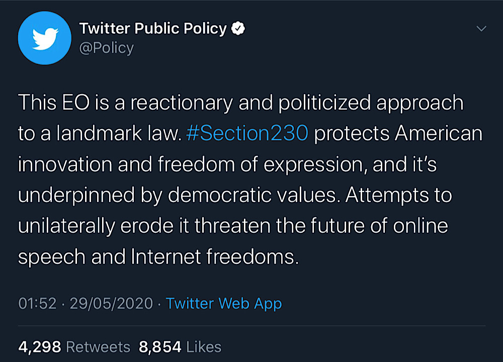 Twitter suggested that the Executive Order could “threaten the future of online speech and Internet freedoms” just a few hours before it censored President Trump (Twitter - @ayosogunro)