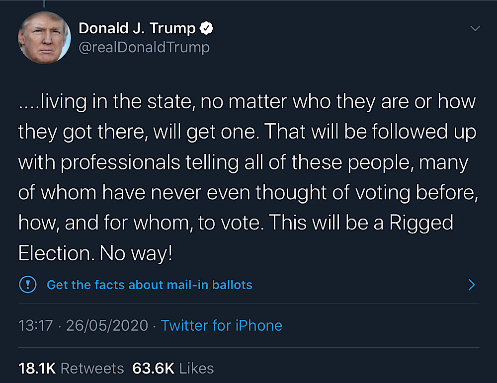 President Trump warned that mail-in ballots will be “substantially fraudulent” and claimed they would cause a “rigged election” (Twitter - @realDonaldTrump)