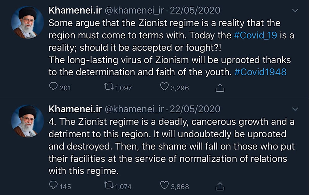 Twitter took no action against tweets from Iran’s Supreme Leader Ali Khamenei that support the Zionist regime being “uprooted and destroyed” (Twitter - @khamenei_ir)