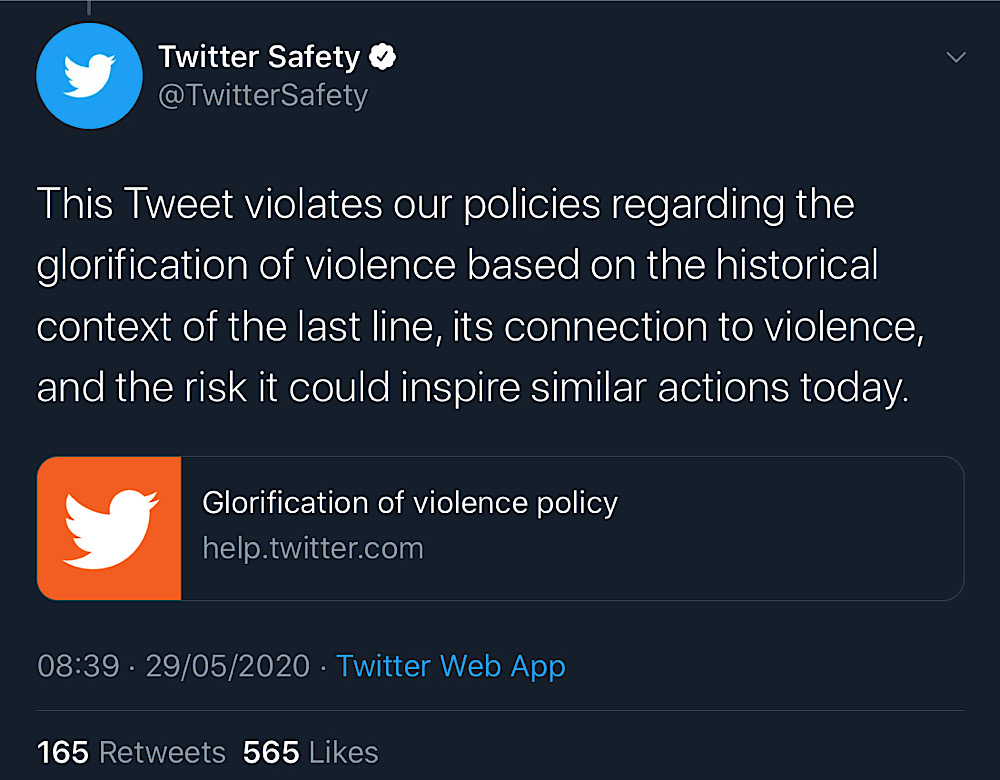 Twitter wrote that the last line of President Trump’s tweet violated the rules about glorifying violence (Twitter - @TwitterSafety)