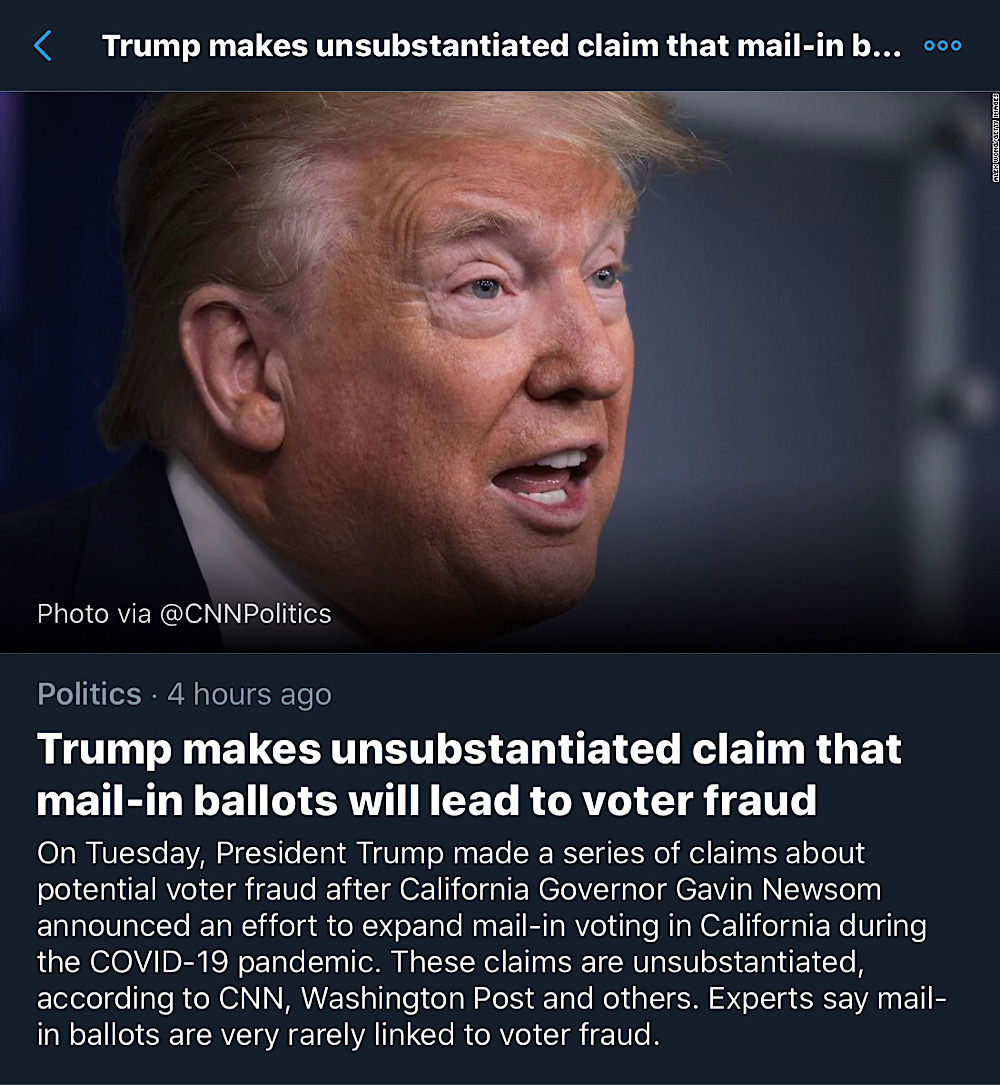 Twitter’s fact-check from CNN, The Washington Post, and others claims that there is “no evidence that mail-in ballots are linked to voter fraud” (Twitter)