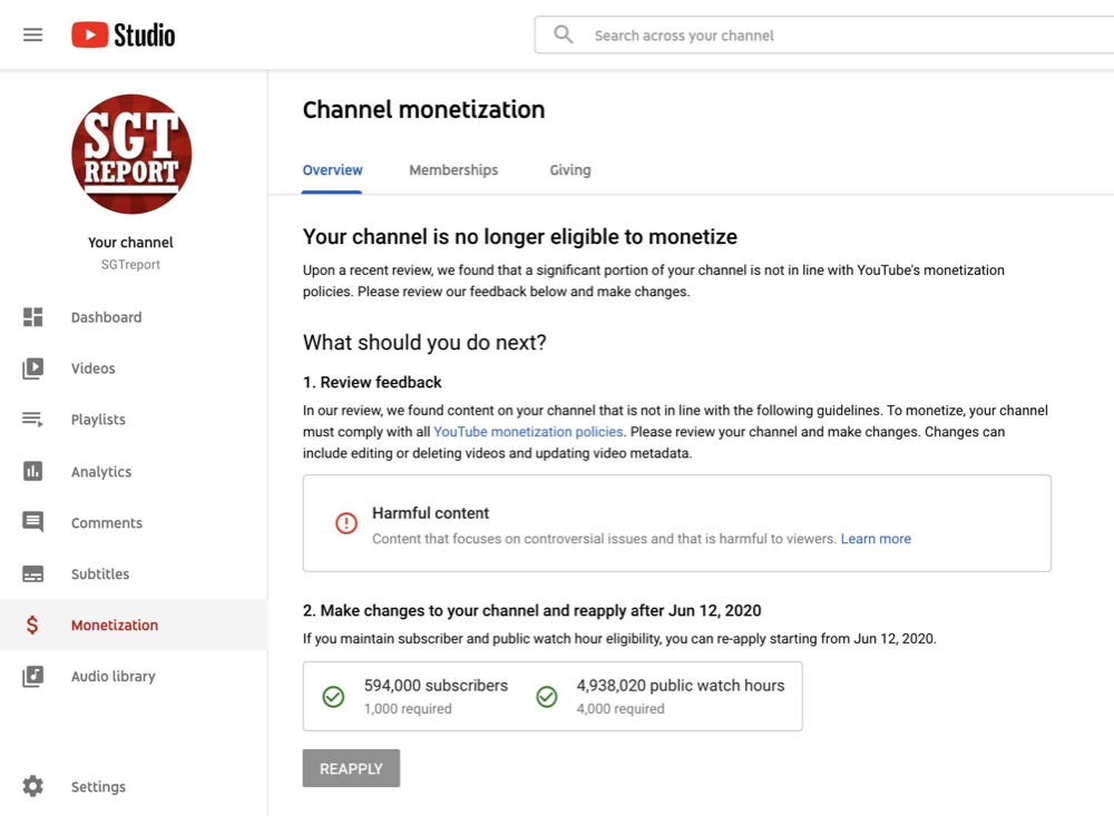 YouTube told SGTreport it had been demonetized for “harmful content (Twitter - @SGTreport)