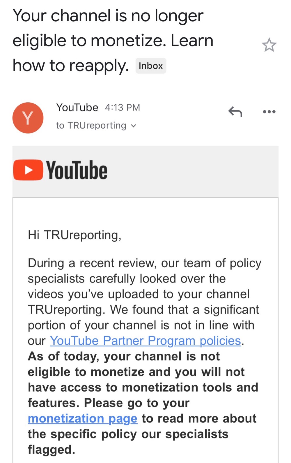 YouTube told TRUreporting the channel is no longer eligible to monetize (Twitter - @samtripoli)