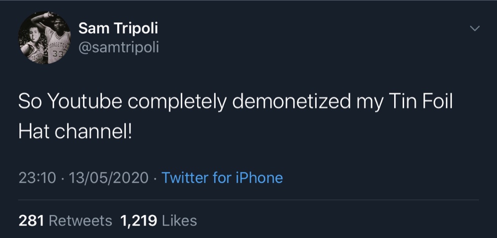Sam Tripoli tweeted that his YouTube channel was completely demonetized (Twitter - @samtripoli)