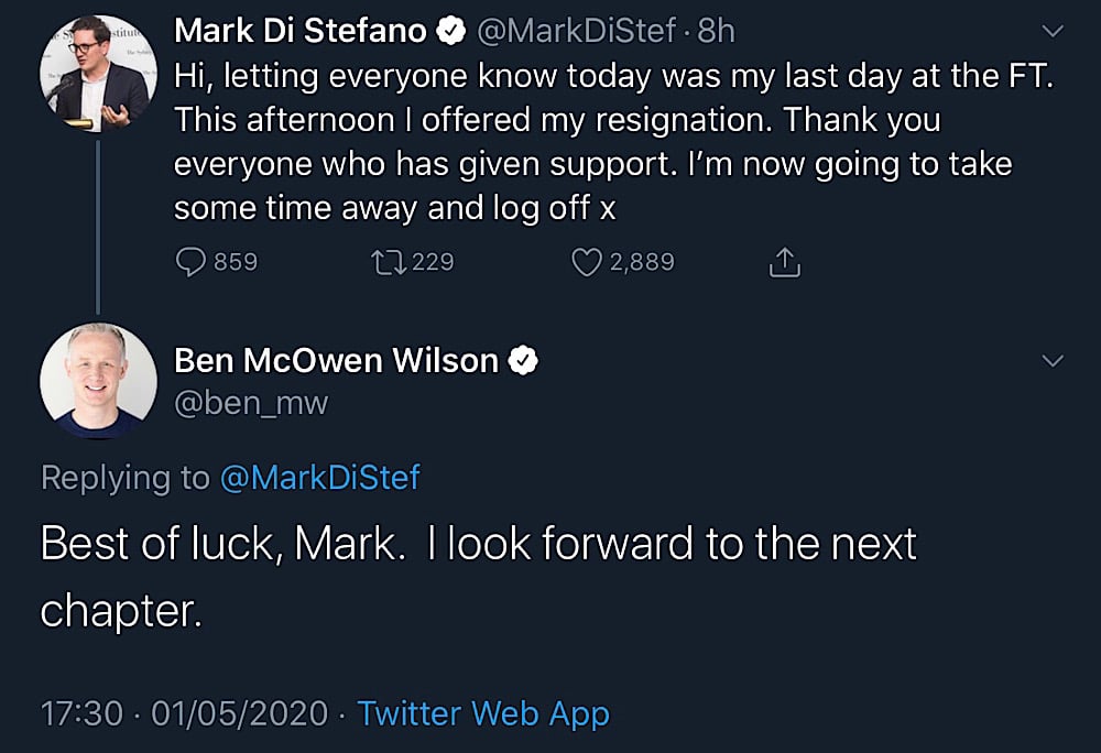 YouTube’s UK Chief wished Mark Di Stefano the “best of luck” after he announced his resignation (Twitter - @ben_mw)