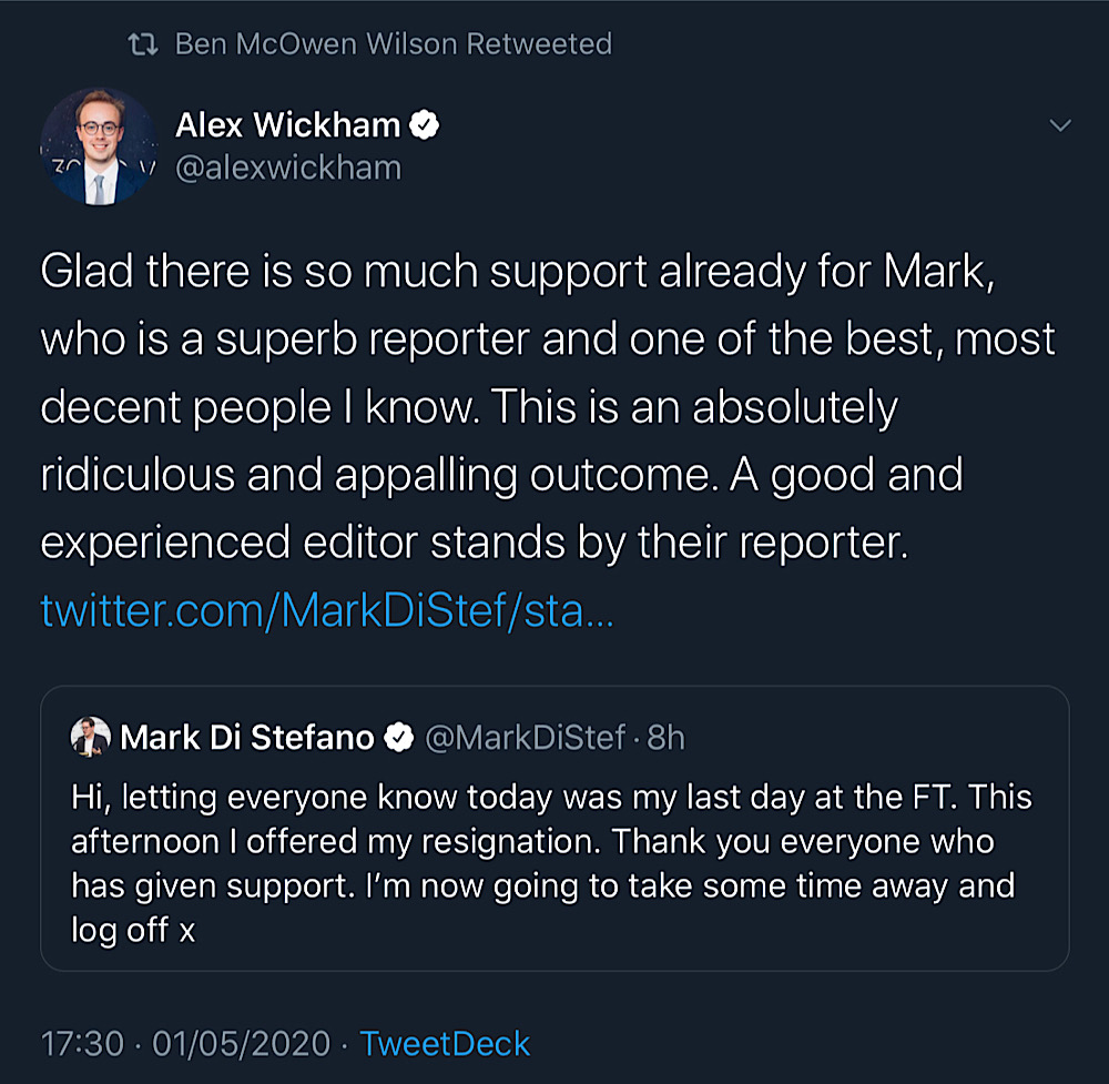 YouTube’s UK Chief retweeted a message from BuzzFeed’s political editor Mark Di Stefano stating that Di Stefano leaving the FT is a “ridiculous and appalling outcome” (Twitter - @ben_mw)
