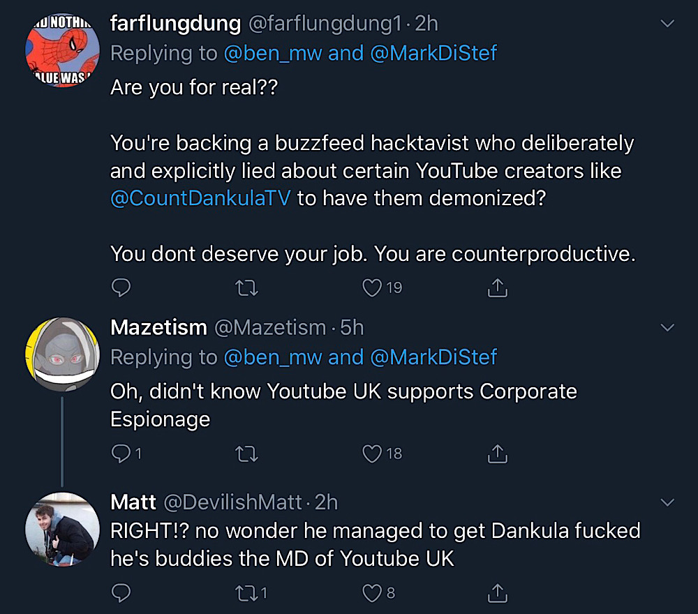 Twitter users were shocked that YouTube’s UK chief is expressing support for Mark Di Stefano (Twitter - @farflungdung1, @Mazetism, @DevilishMatt)