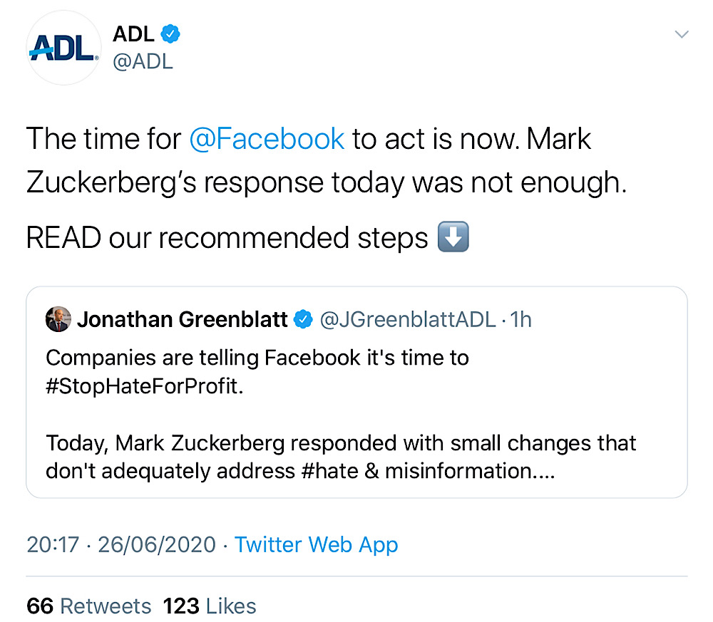 The ADL wrote that Facebook still isn’t doing enough and demanded more censorship (Twitter - @ADL)