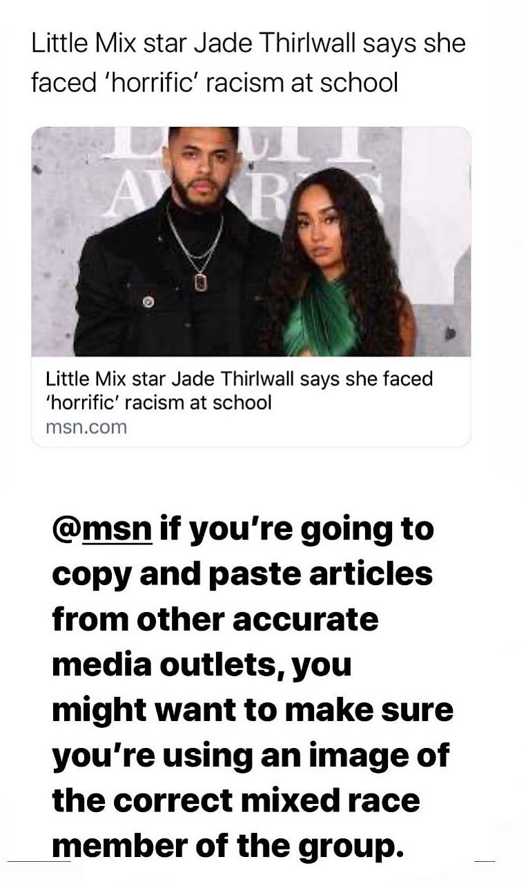 Jade Thirlwall criticized MSN for illustrating an article about her with an image of fellow band member Leigh-Anne Pinnock (Instagram - @jadethirlwall)