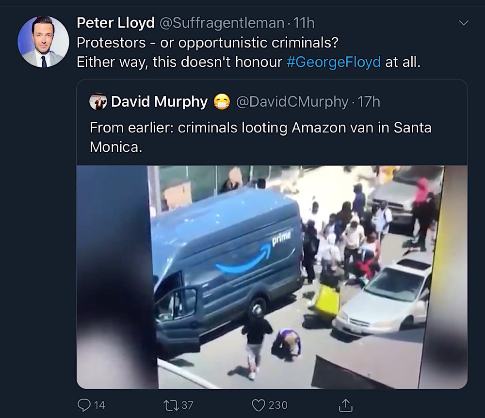 Peter Lloyd condemned people looting an Amazon van (Twitter - @Suffragentleman)