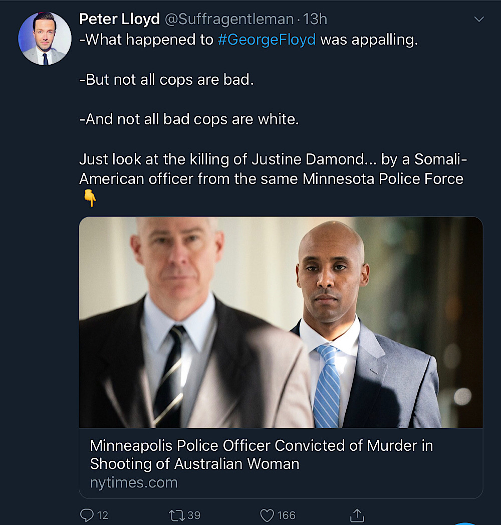 Peter Lloyd tweeted “not all cops are bad” (Twitter - @Suffragentleman)