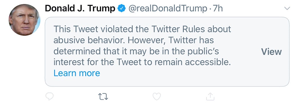 Two of President Trump’s tweets were recently hidden behind a warning notice and had most of their engagement features disabled (Twitter - @realDonaldTrump)