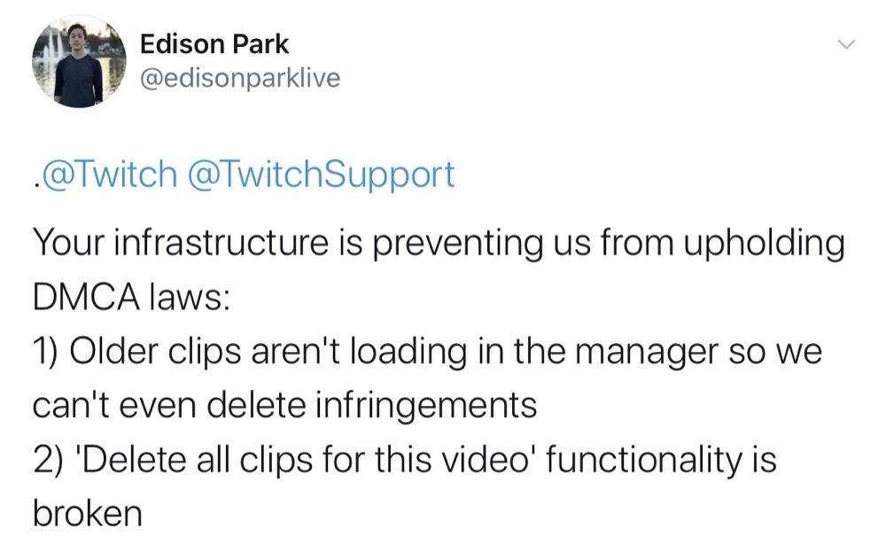 Twitch’s backend is preventing Edison Park from loading old clips and using the “Delete all clips for this video” function (Twitter - @edisonparklive)