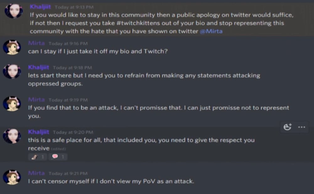 mirta000 was told by the leader of Twitch Kittens that she would have to make a public apology on Twitter to remain part of the community (YouTube - mirta000)