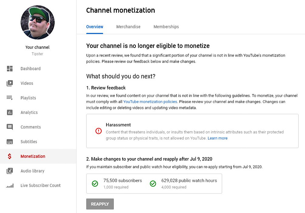 YouTube told Tipster his channel had been demonetized for “harassment” (YouTube - Tipster)