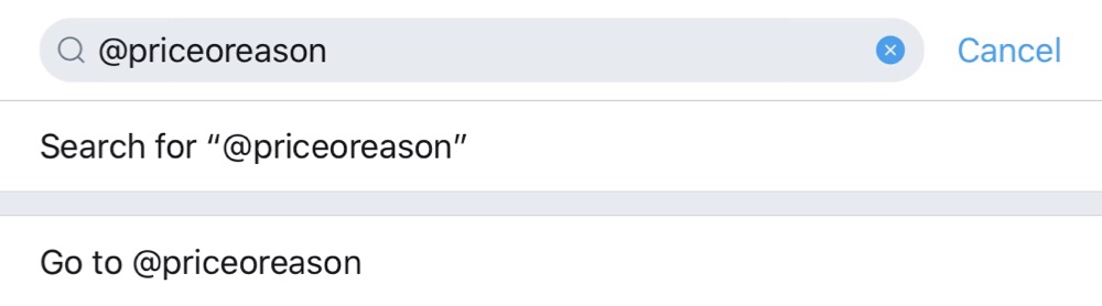 Searching for the account handle “@priceoreason” returns no results or suggestions (Twitter search)